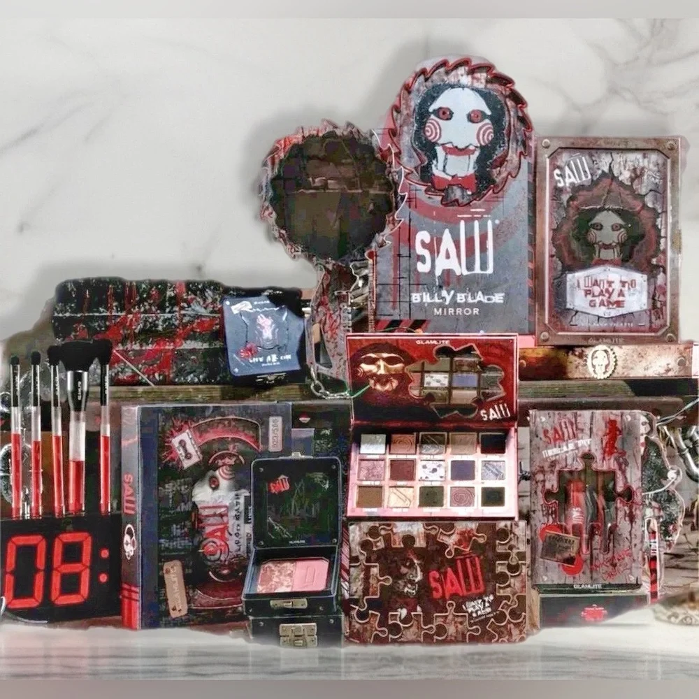 Full Set Glamlite X Saw Eyeshadow Mirror Brushes Highlighter Lip Set Horror Saw